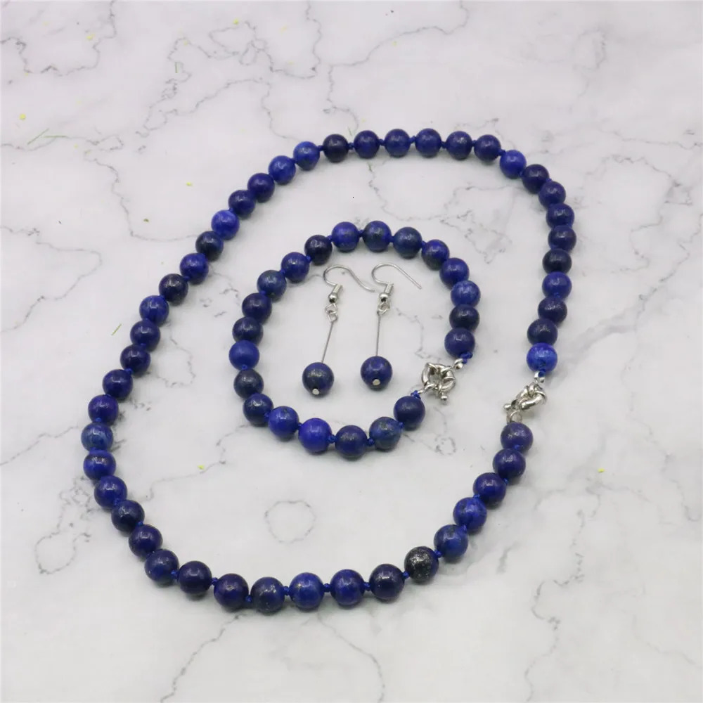 Jewelry set 8mm Egyptian lapis lazuli round bead necklace earrings natural stone Christmas gift BV110 wholesale price 241031