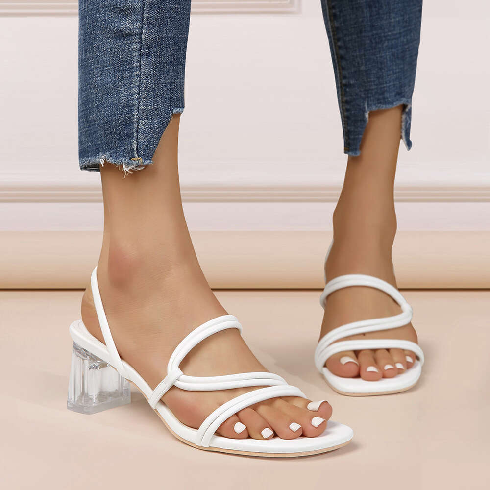 Summer New Transparent Thick Heel High Heel Shoes with White Ribbon French Sandals for Women ddmythur