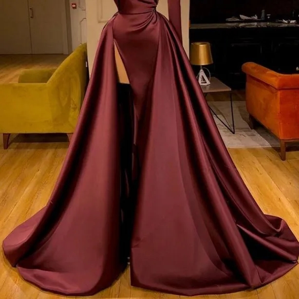 Bury Satin Middle East Mermaid Prom Dresses With Detachable Train One Shoulder Thigh High Split Long Sleeve Evening Gowns Arabic Aso Ebi Formal Party 
