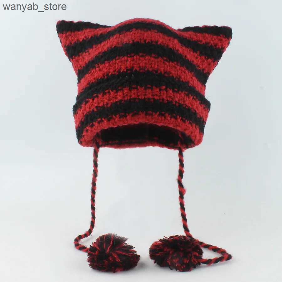 Wide Brim Bucket Hats Japanese Y2K Cute Black White Striped Cat Ears Wool Women Autumn Winter Warm Little Devil Hanging Ball Knitted Beanie Hat L24091