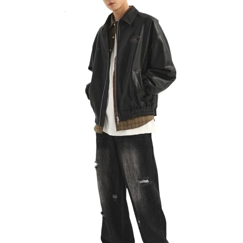 Xinghard Trendy Womens Black Jacket Autumn Collection American Retro Leather Jacket Casual Loose Fit 241031