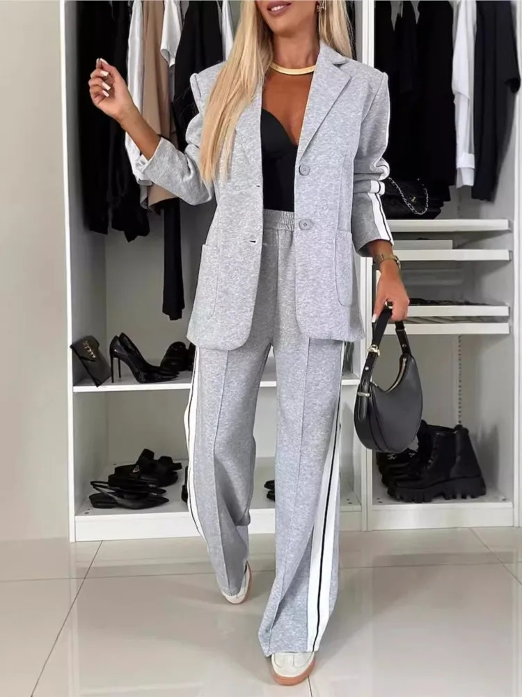 Fashion solid color two-piece set womens V-neck long sleeved set autumn winter jacket long pants casual two-piece set 241031