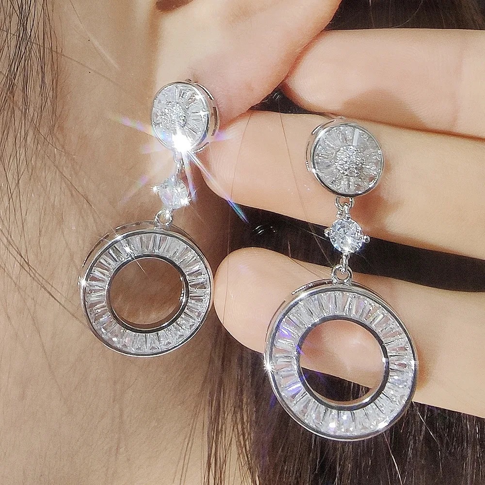 Circle Dangle Earrings: 2024 Jewelry Sterg Sier Princess White Zircon Party Wedding Earring for Women