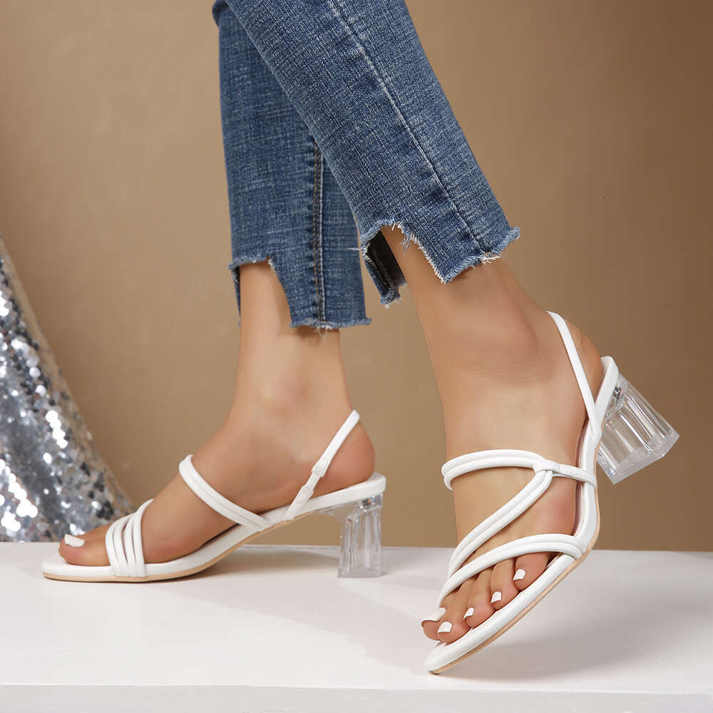 Summer New Transparent Thick Heel High Heel Shoes with White Ribbon French Sandals for Women ddmythur
