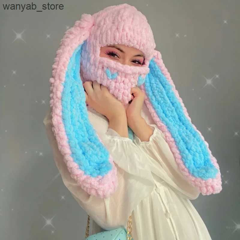 Wide Brim Hats Bucket Hats Y2K Long Bunny Ears Hat Winter Hand Made Knitted Funny Beanie Cap Thicken Warm Full Face Ski Mask Cover Balaclava For Party