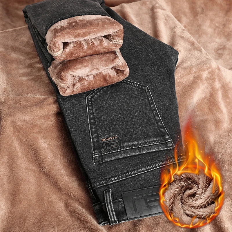 Classic Vintage Original Mens Winter Jeans Fleece Thick Warm Cotton Stretch Quality Clothing Fit Straight Nostalgic Denim Pants 241031