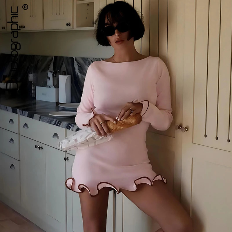 Cryptographic Embellished Fashion Trim Mini Dress Fall Outfits Casual Vestido Elegant Solid Long Sleeve Knit Dresses Clothes 241031