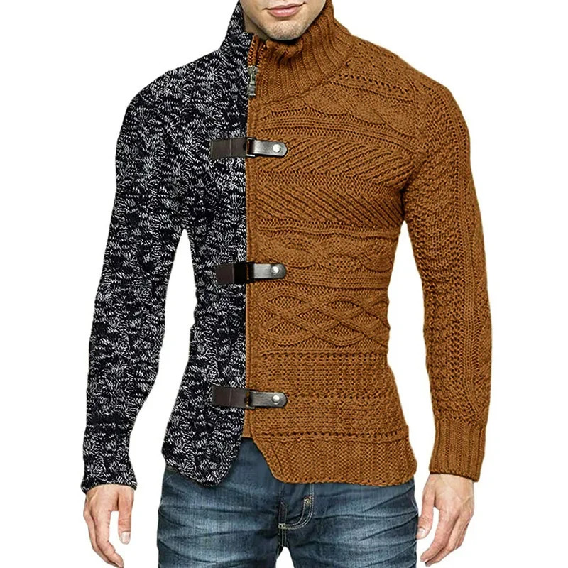 Autumn Winter Mens Sweatercoat Patchwork Turtleneck Cardigan Man Casual Knitted Slim Fit Long Sleeve Fashion Sweater Outerwear 241029
