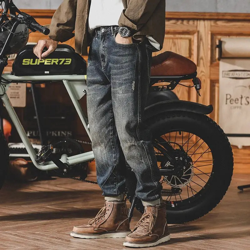 Mens Jeans Motorcycle Trousers Tapered Man Cowboy Pants Stretch Elastic Goth Korean Fashion Summer Denim Aesthetic Style 241024