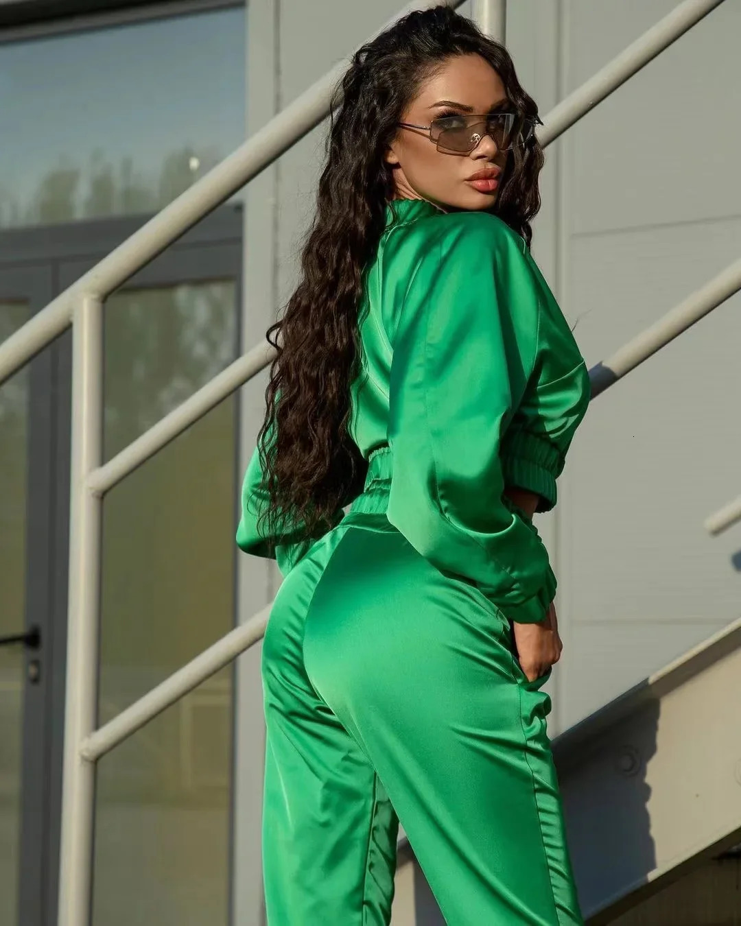 Autumn two-piece womens track and field suit oversized set jacket Trouser set womens sports shirt solid sports pants sports suit 241031