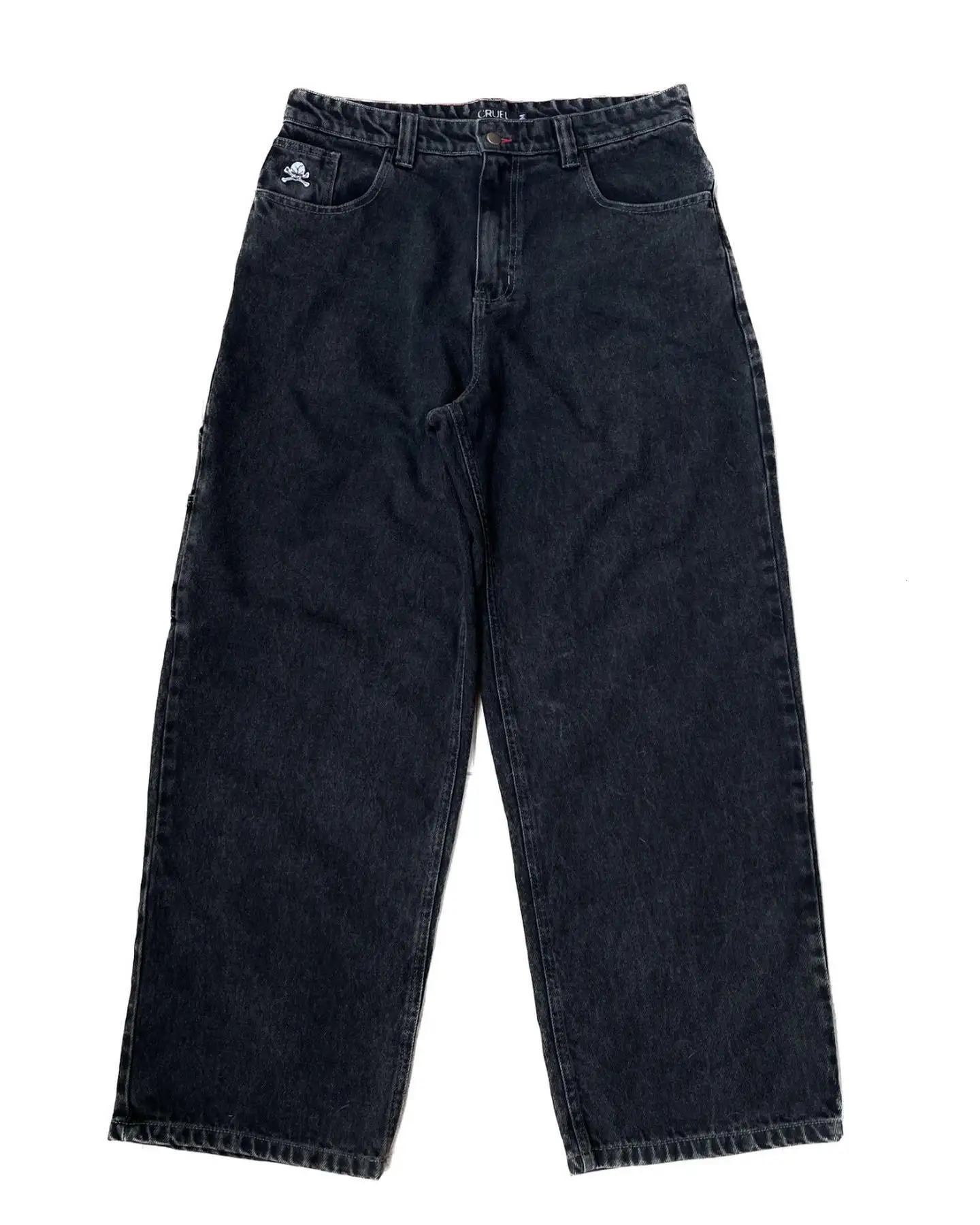 Streetwear skull pocket embroidered jeans Y2K hip-hop retro pocket jeans black pants mens punk rock low rise wide leg Trousers 241031