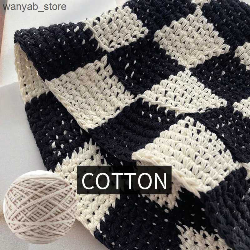 Wide Brim Hats Bucket Hats Spring Summer Handmade Bucket Hats Crochet Women Soft Sun Hat Beach Hats Plaid Bob Fisherman Cap Checkered Bucket Hat L2409