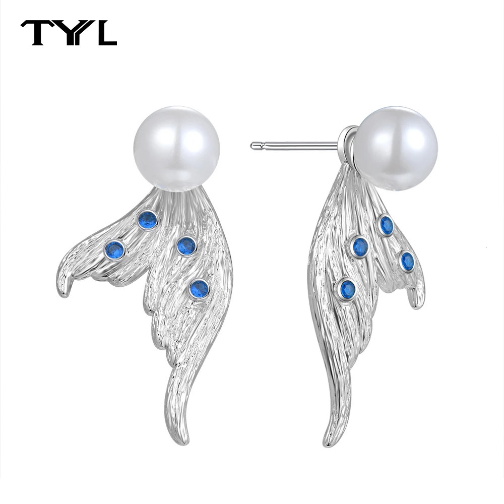 TYYL punk shell pearl earrings suitable for women butterfly wing earrings blue zircon aesthetic jewelry Christmas party gifts 241031