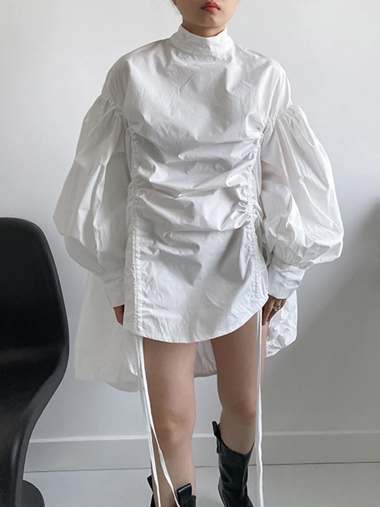 EAM Womens Irregular Brushed Large Size White Stand up Collar Long Sleeve Shirt Fashion Trend Spring and Autumn 1Z189 241031