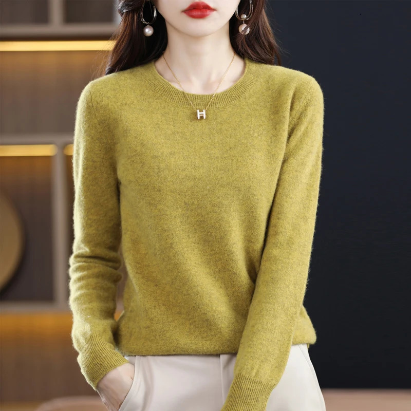 100% Merino Pure Wool Sweater Womens AutumnWinter Long Sleeved Solid Color Pullover Round Neck Basic Knitted Jumper Top 241029