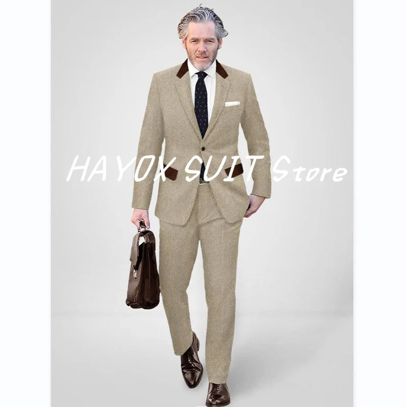 2024 Mens Suits Vintage Light Beige Tweed Slim Fit Single Breasted Suit Two Piece For Wedding Herringbone Dresses 241024