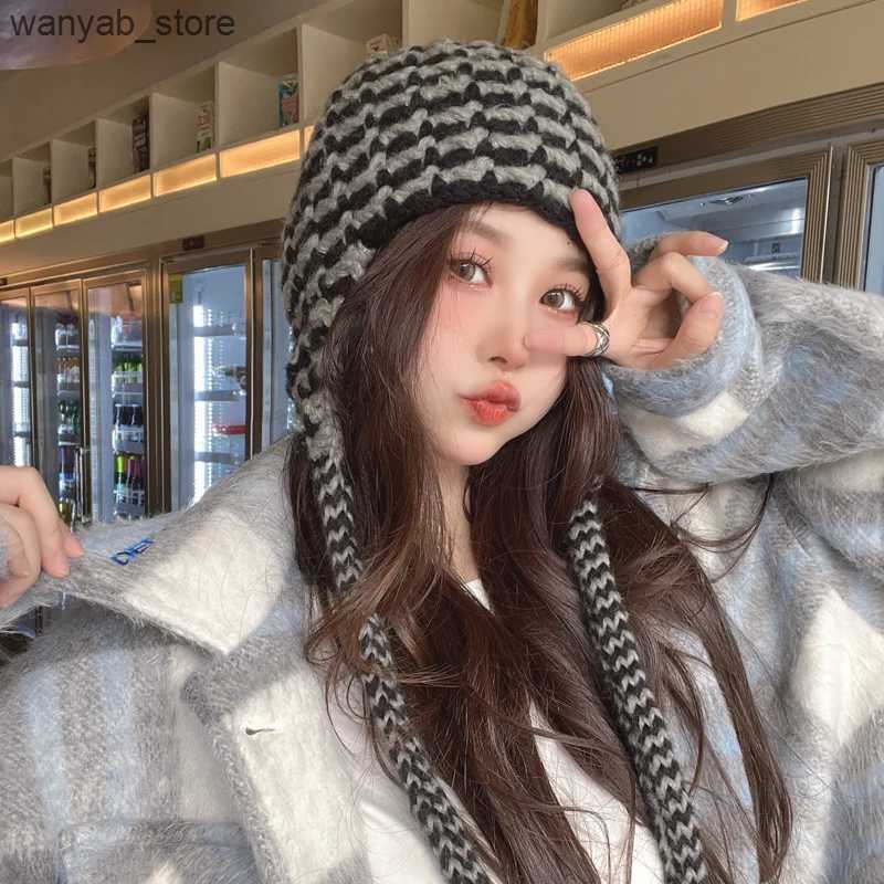 Wide Brim Hats Bucket Hats 2023 New Cute Ear Protection Knitted Skull Hat Womens Autumn and Winter Japanese Wild Hand-crocheted Warm Beanie Cap Mujer 