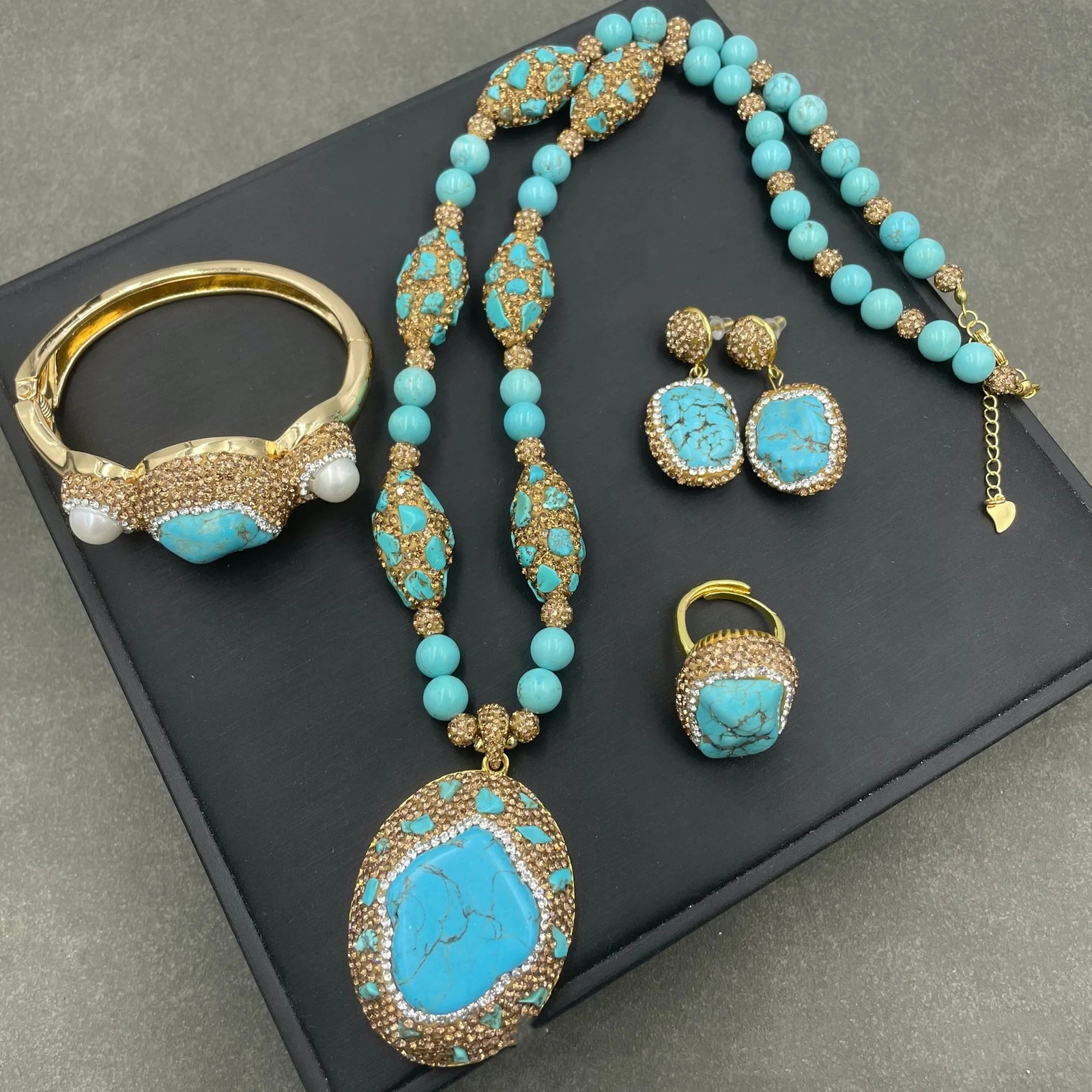 ST009 middle-aged and elderly turquoise accessories natural pearl inlay and color electroplating ethnic style niche handmade jewelry set 241031