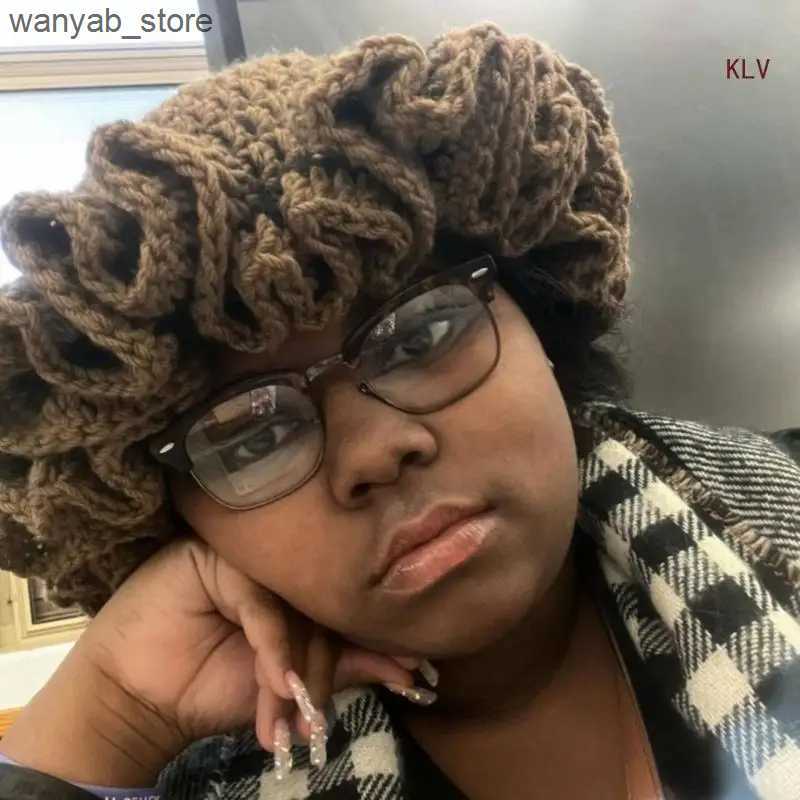 Wide Brim Hats Bucket Hats Sweet Girls Crochet Ruffled Brim Bucket Hat Ladies Fisherman Hat Exaggerated Teens Winter Windproof Hat L240910