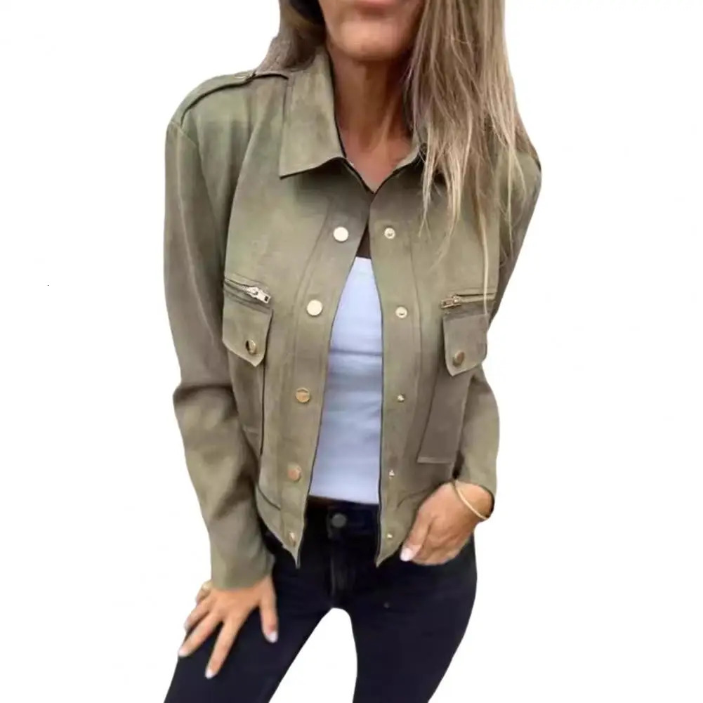 Autumn Spring Suede Jacket Womens Cargo Zipper Collar Artificial Buckle Leather Deer Velvet Outdoor Coat 241031