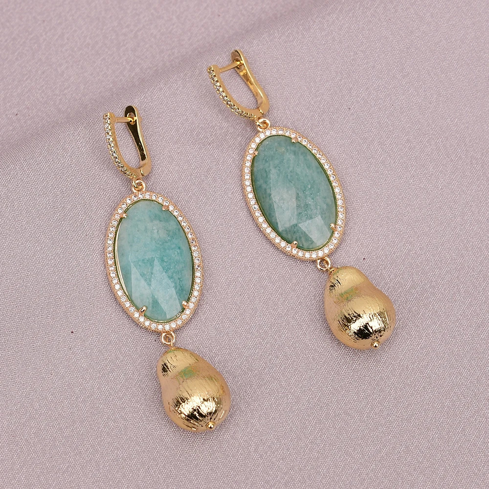 G-G ANatural Green Stone Cube Zircon CZ Paved Gold Brushed Bead Necklace Bracelet Earring Set Womens Gift 241031