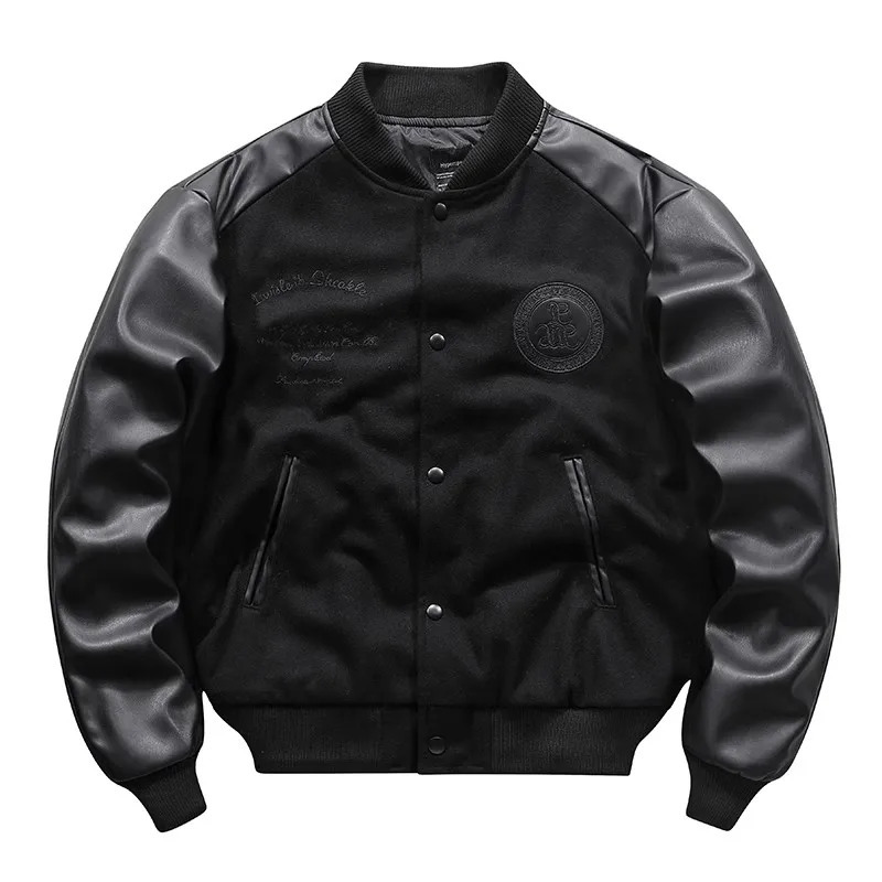 Mens embroidery patch work wool bomber jacket retro leather pilot jacket casual loose Pu baseball jacket men 241031 - view 3