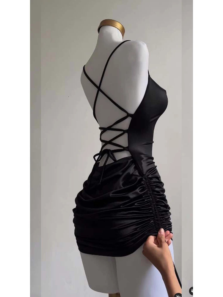 Sexy Satin Lace Up Bodycon Mini Dres Sleeveless Backless Party Club Dresses Streetwear Elegant Evening Clothes Black Robe 241031