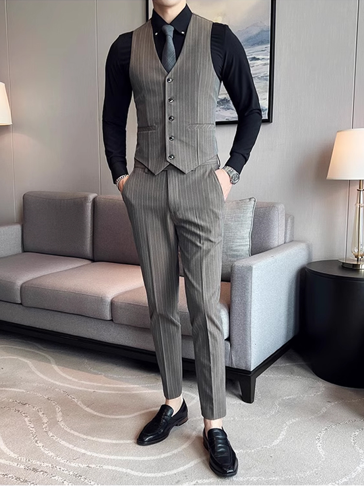 (Jacket Vest + Pants) Brand Boutique Striped Thick Mens Slim Casual Business Double-Breasted Suit 3Pcs Set Groom Wedding Dress