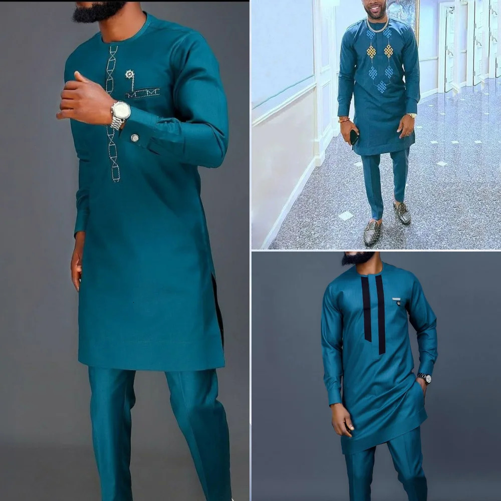 Summer African Mens Traditional Elegant Suits Outfit Dashiki 2Pcs Shirt Pants Full Set Clothes Abaya Costume 241031