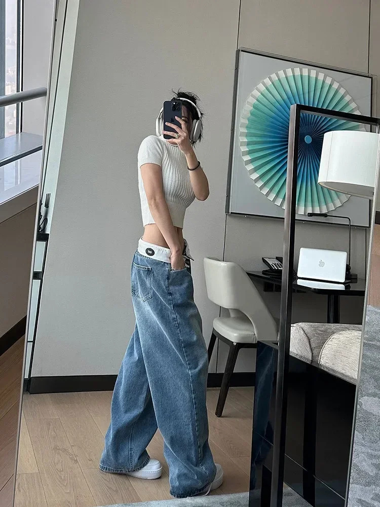 Vintage Y2k Jeans Women Baggy Kpop Gyaru Streetwear Wide Blue Denim Pants Harajuku Korean Acubi Fashion High Waist Jeans 241031