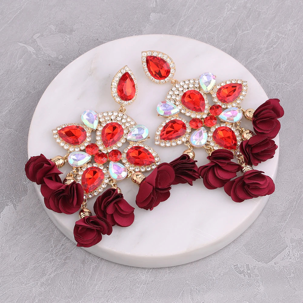 Indian Womens Floral fringe Bohemian Earrings Large Rhinestone Pendant Crystal Declaration Earrings Fashion Jewelry Gifts 241031