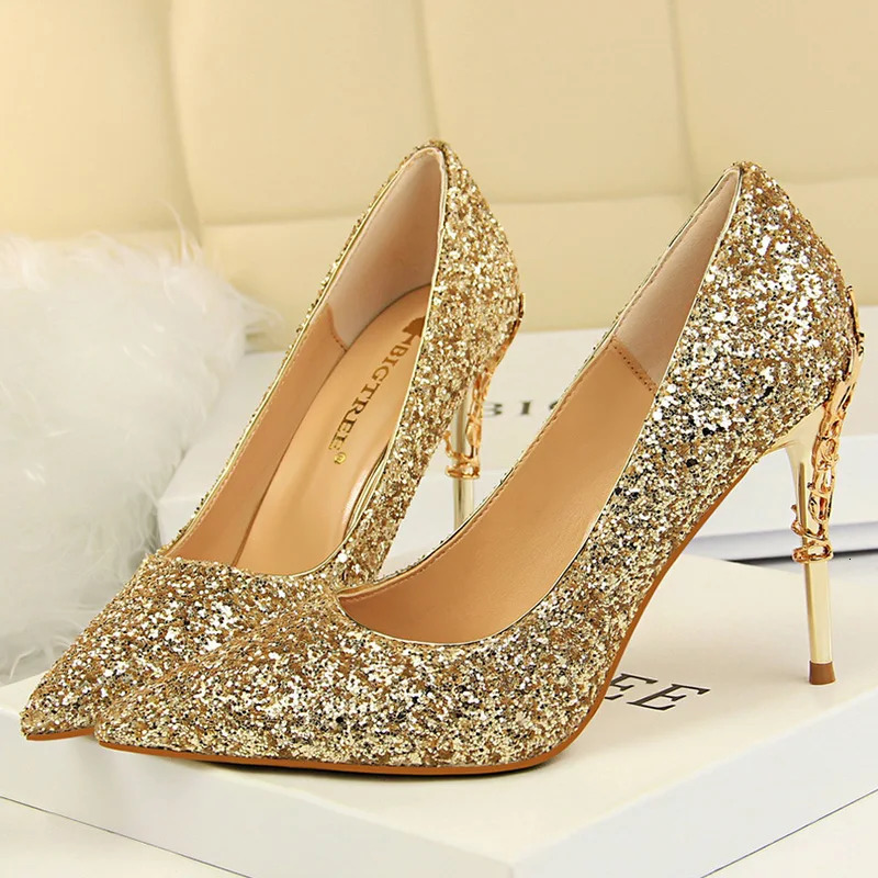 Women 10cm High Heels Fetish Pumps Lady Glitter Metal Carving Wedding Bridal Heels Bling Party Scarpins Shoes 241031