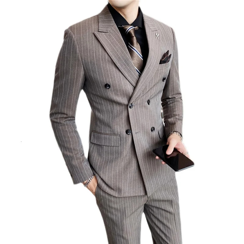 ( Blazer Vest + Pants ) Fashion Striped Formal Business Double-Breasted Men's Casual Suit Groom's Wedding Dress Party Tuxedo