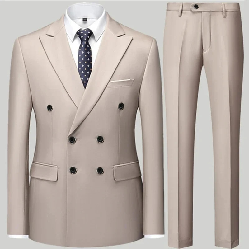 2023 Fashion Mens Casual Boutique Double Breasted Suit Trousers Mans Business Jacket Blazers Coat Pants 2 Pcs Set 241031