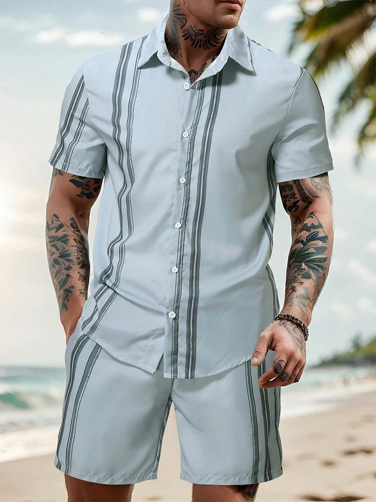 Summer Everyday Mens Shortsleeved Shirt Street Fashion Beach Shorts Patchwork Striped Print Casual And Set 241031