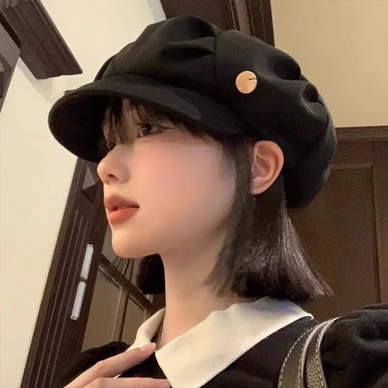 Vintage Octagonal Hat Solid Color Pleated Berets Artist Painter spaper Cap Winter Autumn Casual Street Brim Caps 241031