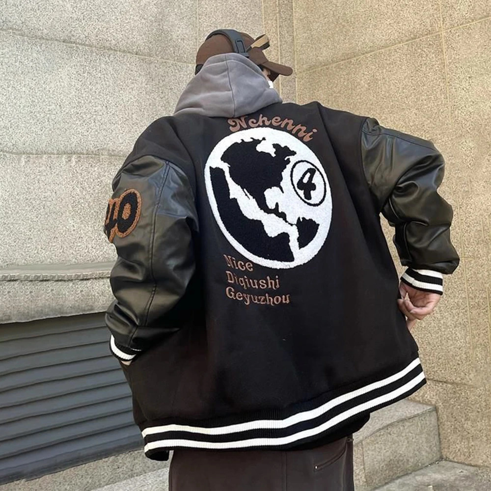 Autumn/Winter American Retro Baseball Jacket Mens Letter Global Embroidered Patch Work Casual Leather Jacket Pilot Loose Jacket 241031