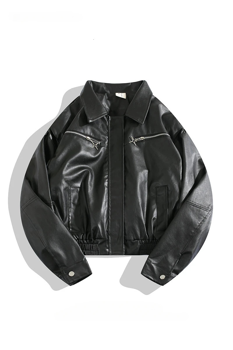 Mens Motorcycle Racing PU Leather Jacket Autumn/Winter Hong Kong Style High Street Long Sleeve Loose Hip Hop Short Zipper Coat 241031