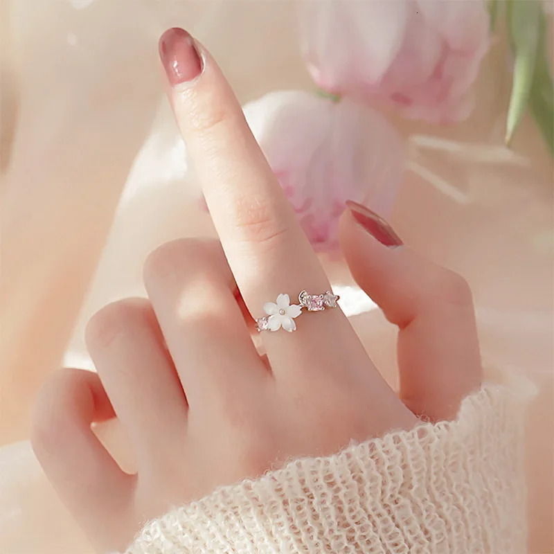 Zircon Flower Opening Rings for Women Cubic Zirconia Rose Cherry Blossom Tulip Adjustable Finger Ring Wedding Jewelry 241031