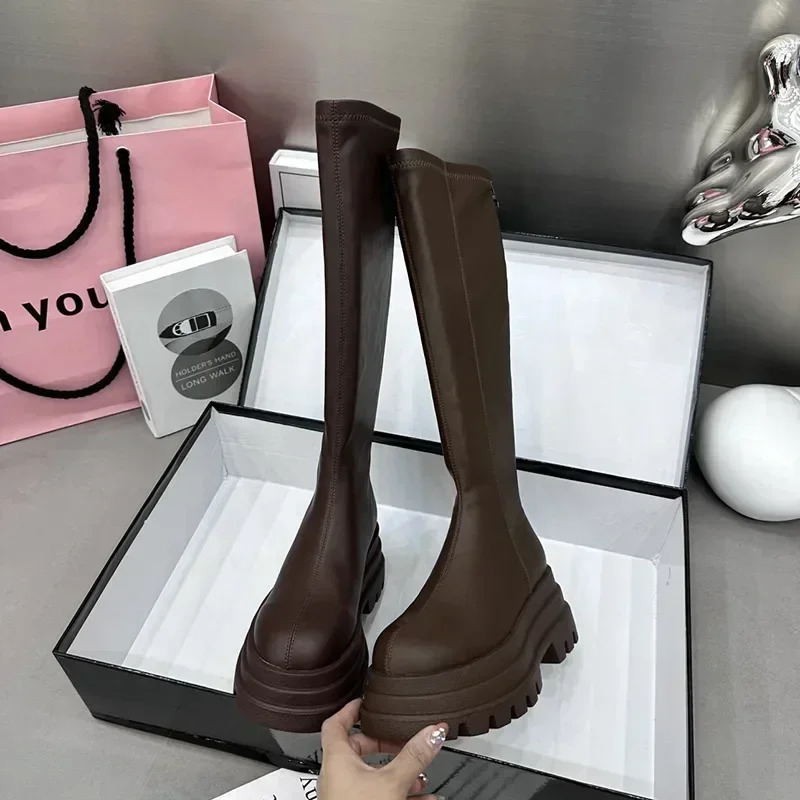 Winter Women Knight High Boots Fashion Back Zippers Ladies Elegant Platform Flats Long Booties Short Plush Womens Footwear 241031