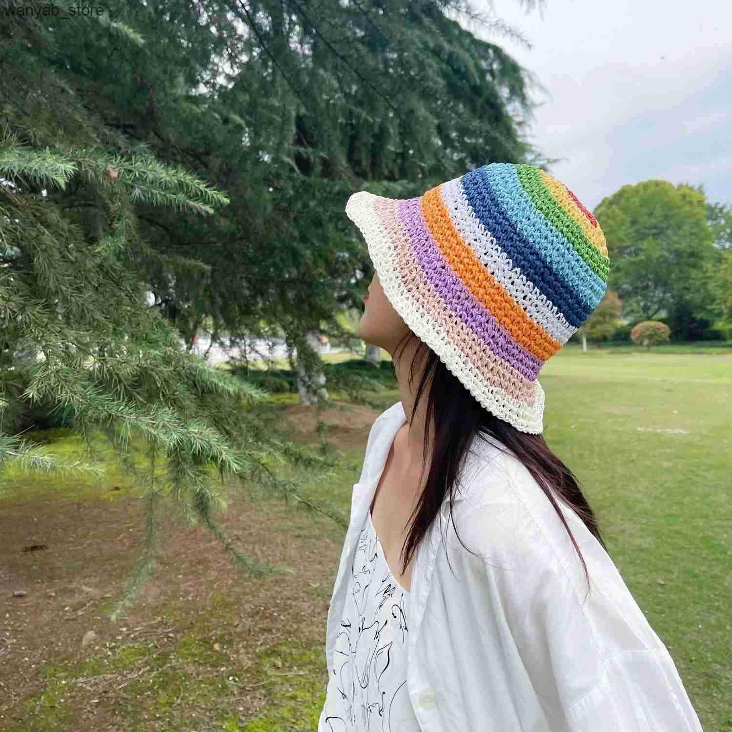Wide Brim Hats Bucket Hats New Popular Summer Beach Bucket Hat Cap For Women Crochet Straw Rainbow Spring Fish Hat Outdoor Female Lady Gift Wholesales