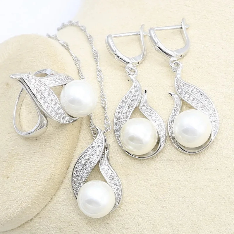 White freshwater pearl silver 925 jewelry set womens zircon bracelet earrings necklace rings birthday gift 241031