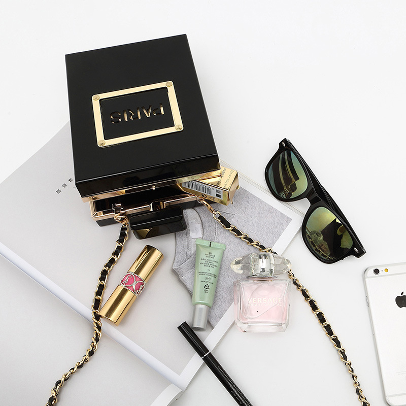 New designer transparent perfume bottle dinner handbag leather slanting body chain small square bag