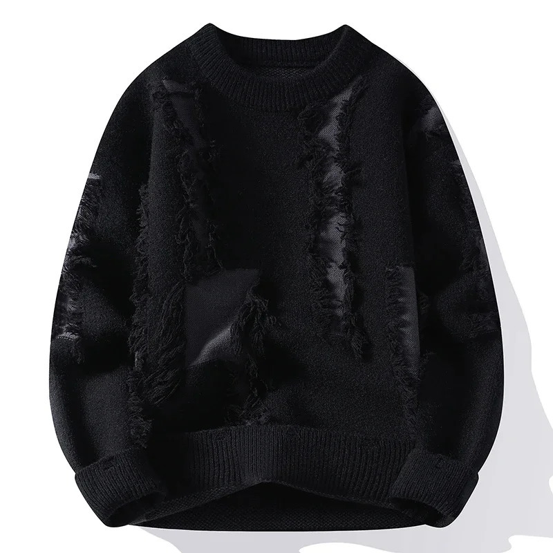 Ripped Sweater Mens Loose Crew Neck Knit Bottom Shirt Handsome Autumn Clothes on The Fashion Pullover 241029