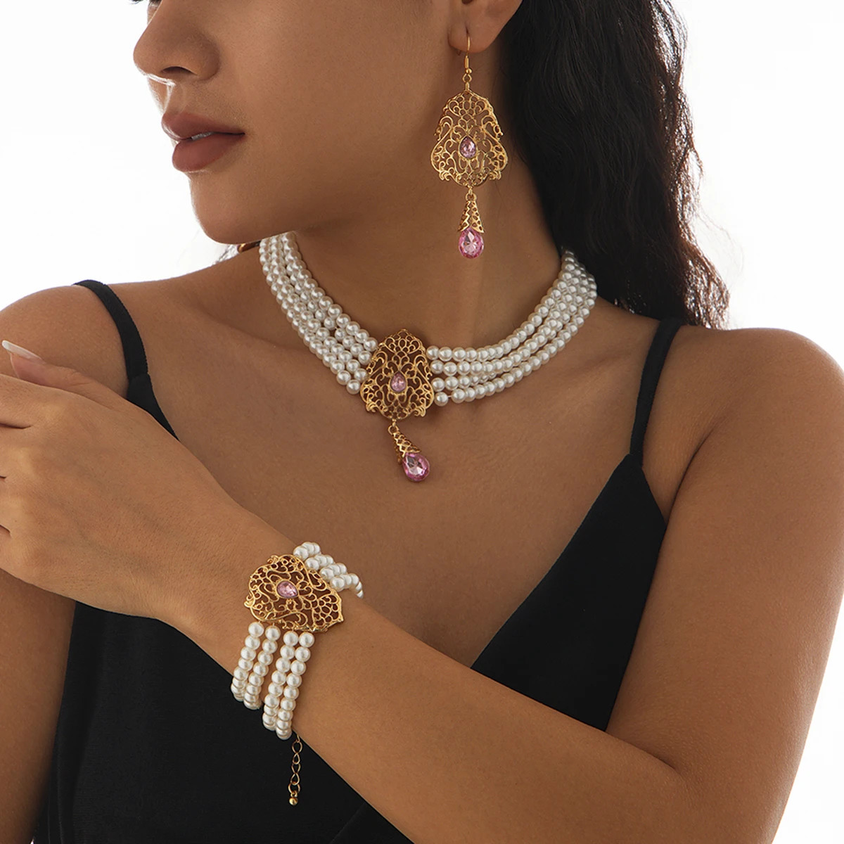 Ingemark Luxury Multi layer Imitation Pearl Rhinestone Chain Necklace Bracelet Womens Wedding Tassel Pendant Earrings Jewelry Set 241031