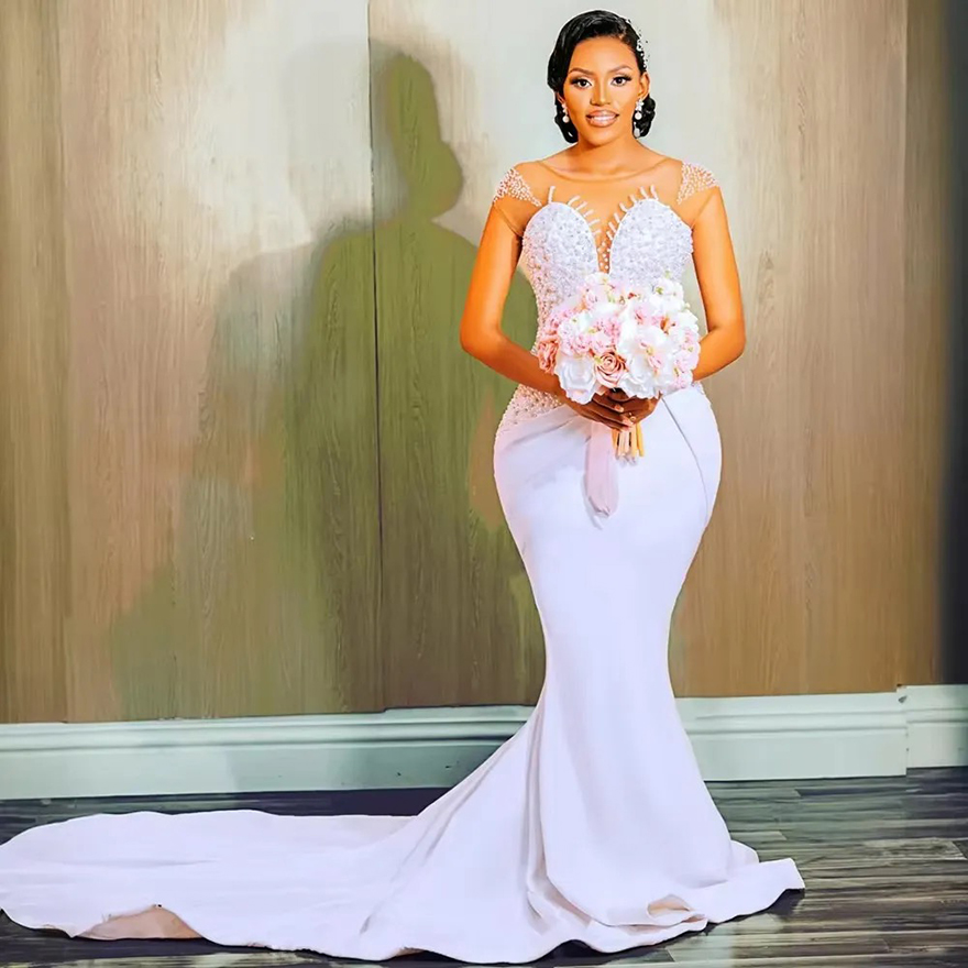 Elegant Scoop Neck Shinny Beads Sequins Mermaid Wedding Dress Bride Vestidos De Novia Satin Bridal Gown for Marriage 2025