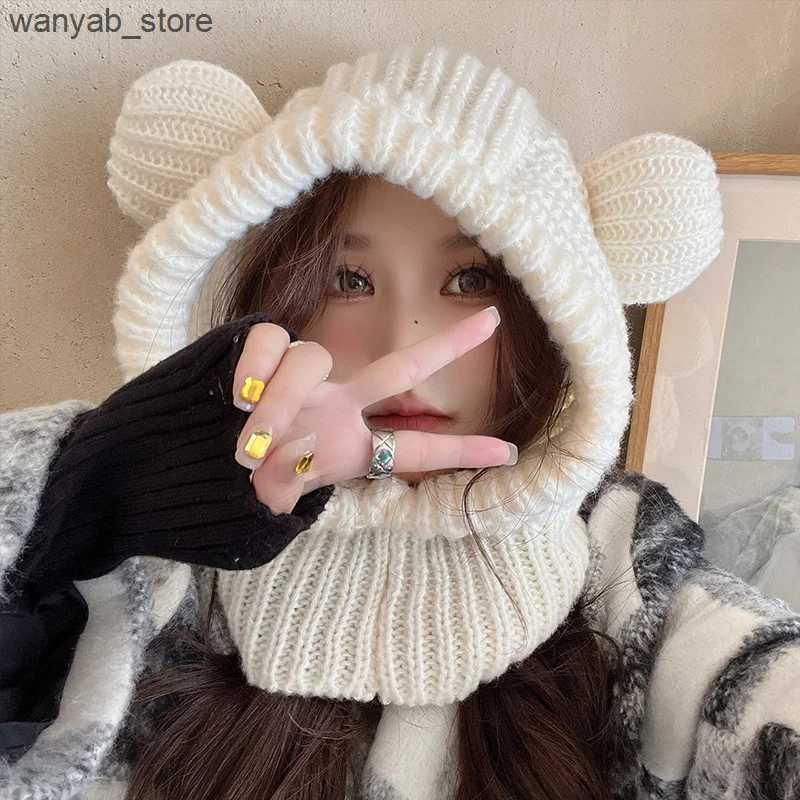 Wide Brim Hats Bucket Hats Cartoon Bear Women Hooded Beanies Winter Warm Ear Protection Scarf Cap Korean Solid Wool Knitted Hat Outdoor Windproof Head