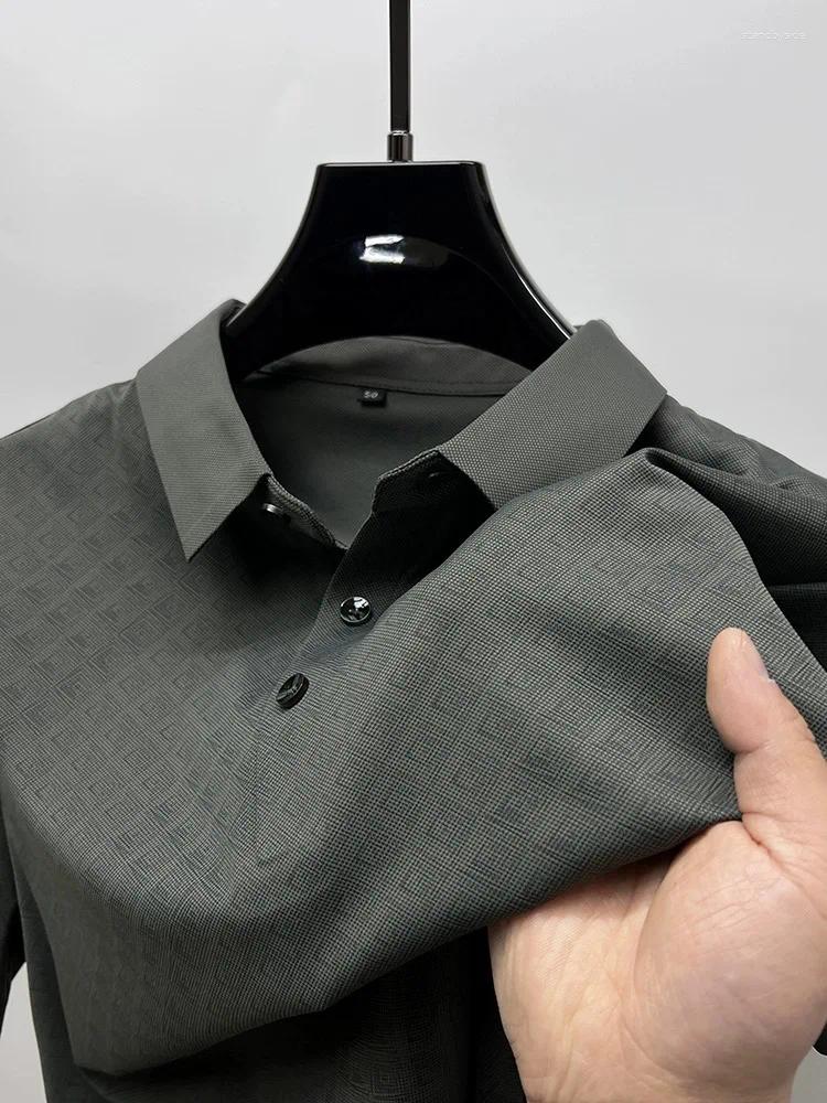 Men's Polos 2024 Summer High End Fashion Checker Printed Ice Silk Short Sleeved POLO Shirt Trendy Lapel Casual T-shirt Breathable Top