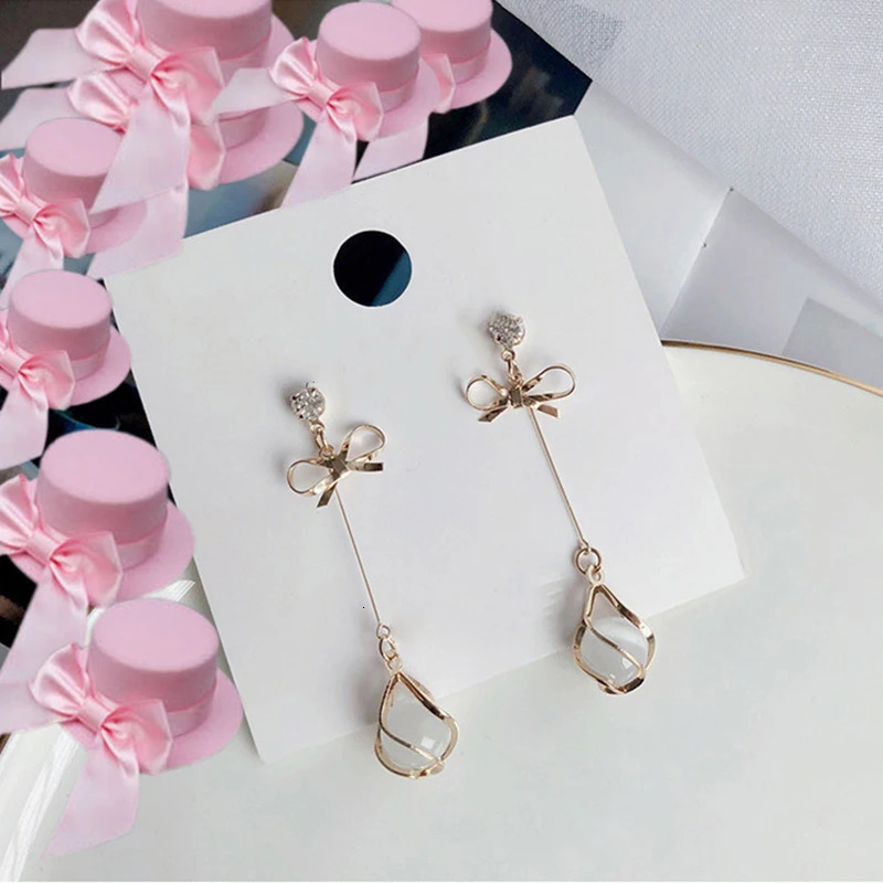 Trendy Metal Frame Dangle Opal Earrings for Women Golden s Bow Knot Drop Wedding Party Long Jewelry Gift 241031