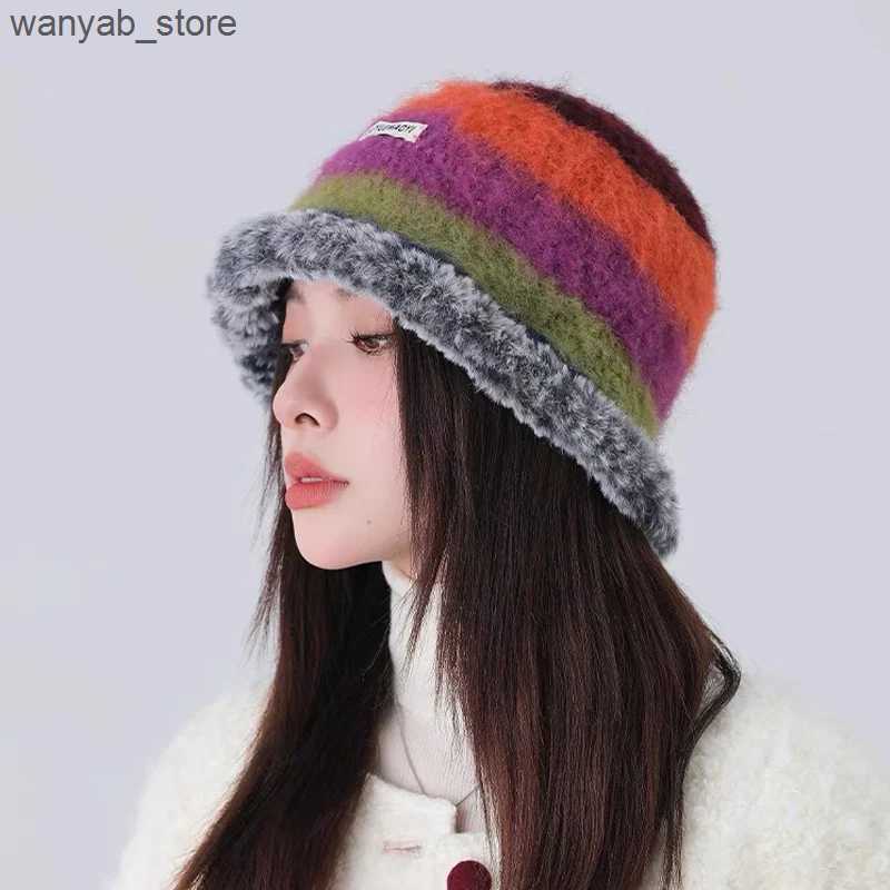 Wide Brim Hats Bucket Hats Japanese New Gradient Wool Vintage Color Stripe Beanies Women Handmade Crochet Beanie Thick Warm Knitted Hat Winter Bucket 